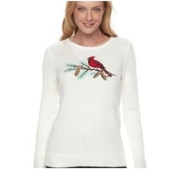 Croft & Barrow Sweaters - Croft & Barrow women Red Cardinal Sweater Ivory Embellished Soft Acrylic Large